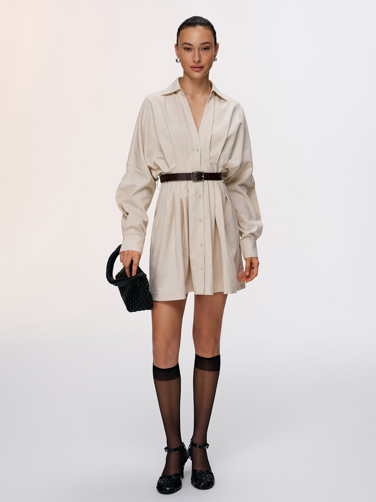Pleated Cotton-Linen Belted Shirt Dress-Chicvia