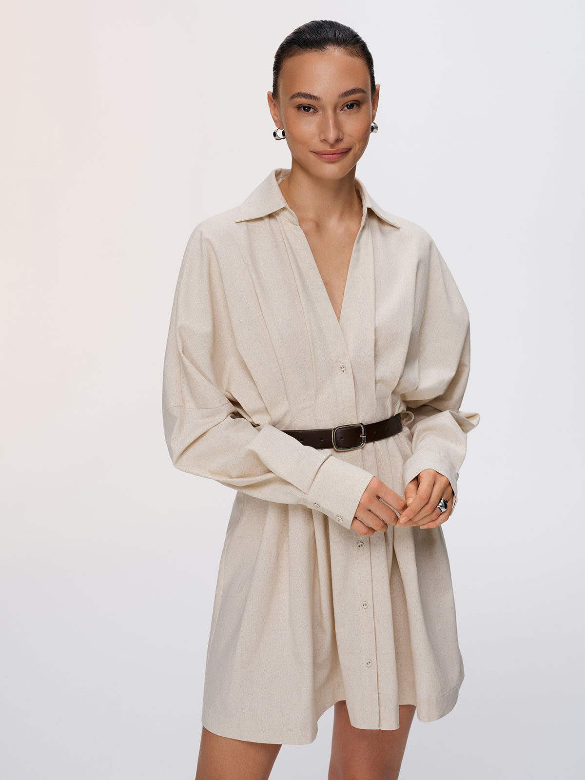 Pleated Cotton-Linen Belted Shirt Dress-Chicvia
