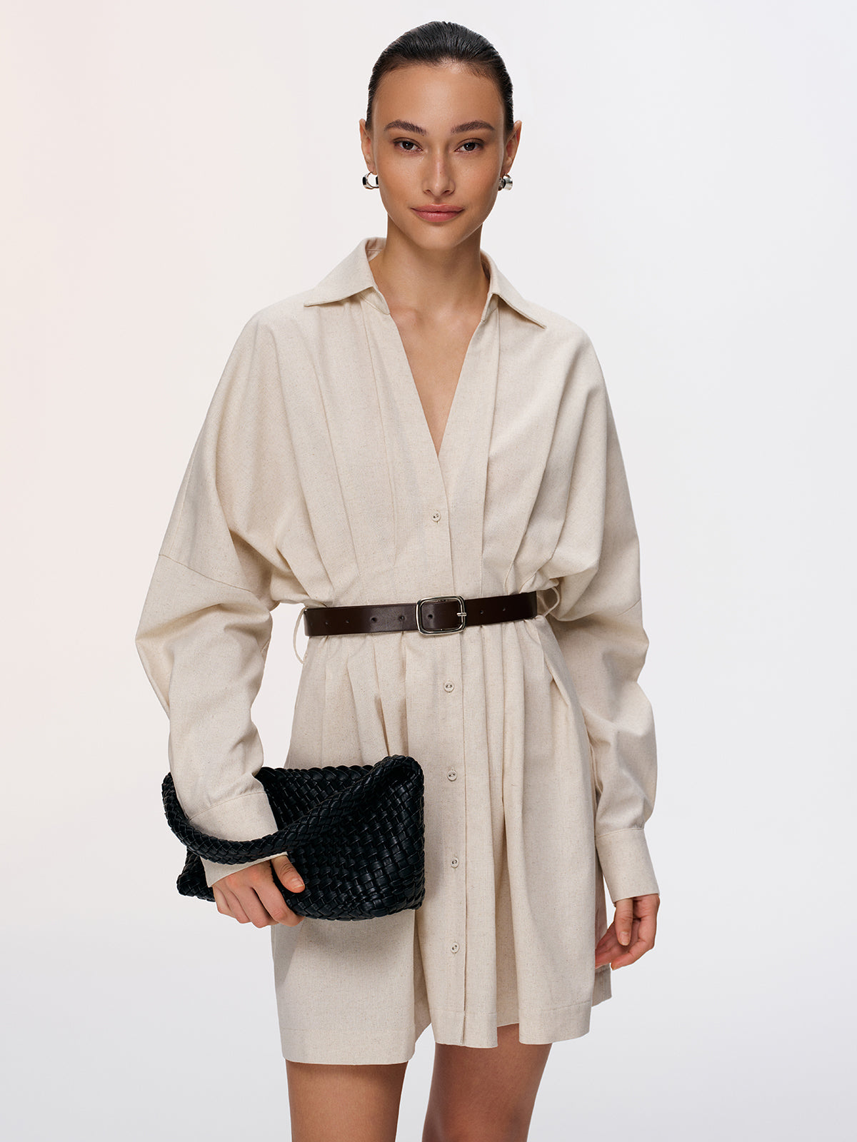 Pleated Cotton-Linen Belted Shirt Dress-Chicvia