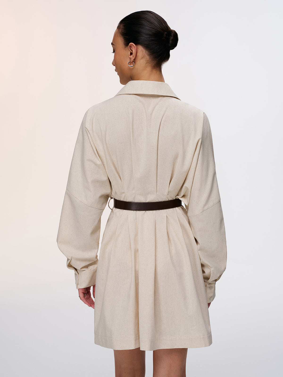 Pleated Cotton-Linen Belted Shirt Dress-Chicvia