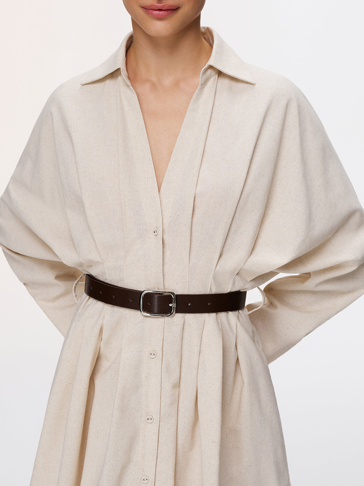 Pleated Cotton-Linen Belted Shirt Dress-Chicvia