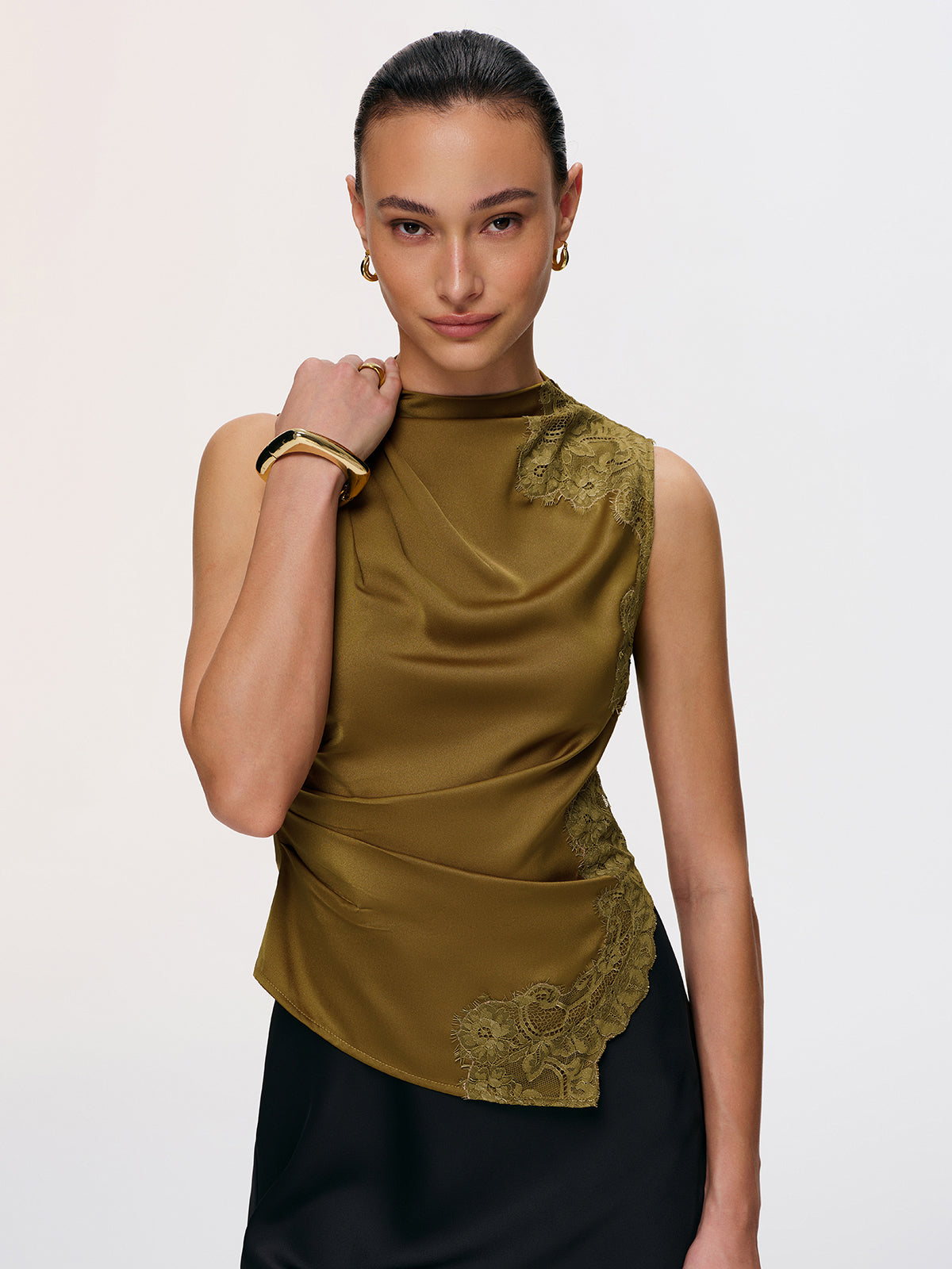 Lace Panel Ruched Side-Slit Satin Blouse-Chicvia