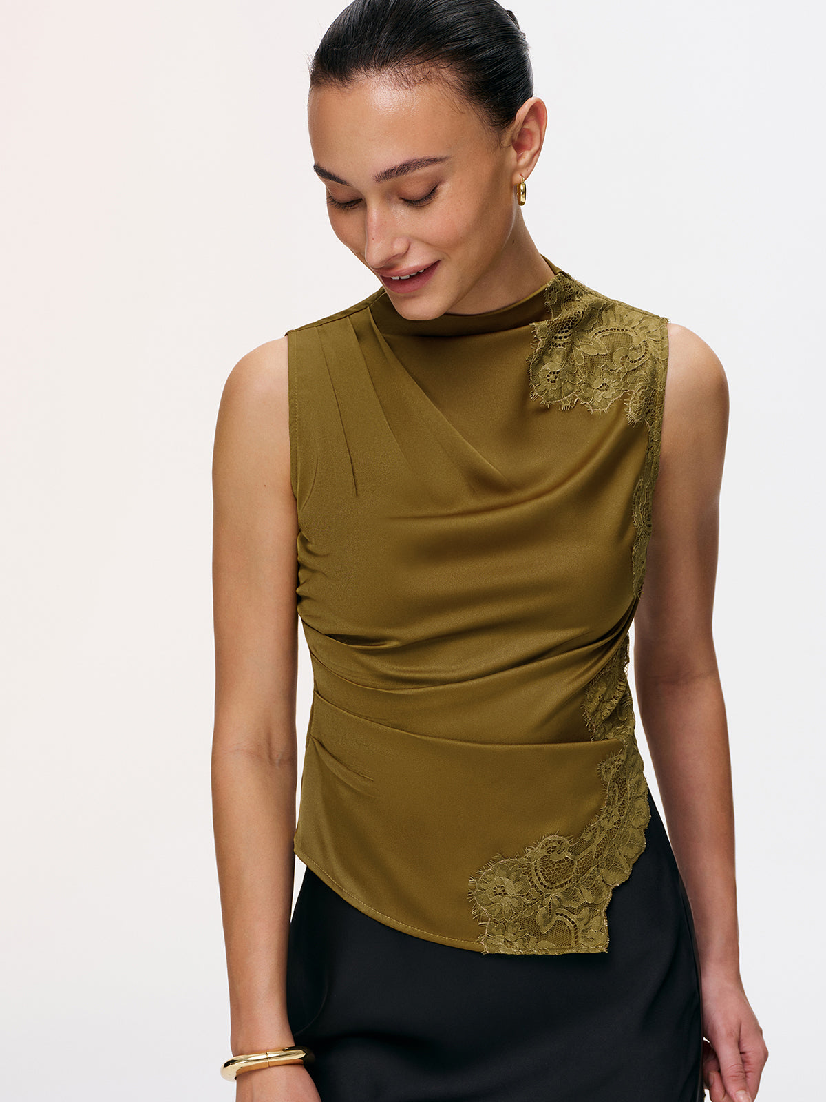 Lace Panel Ruched Side-Slit Satin Blouse-Chicvia