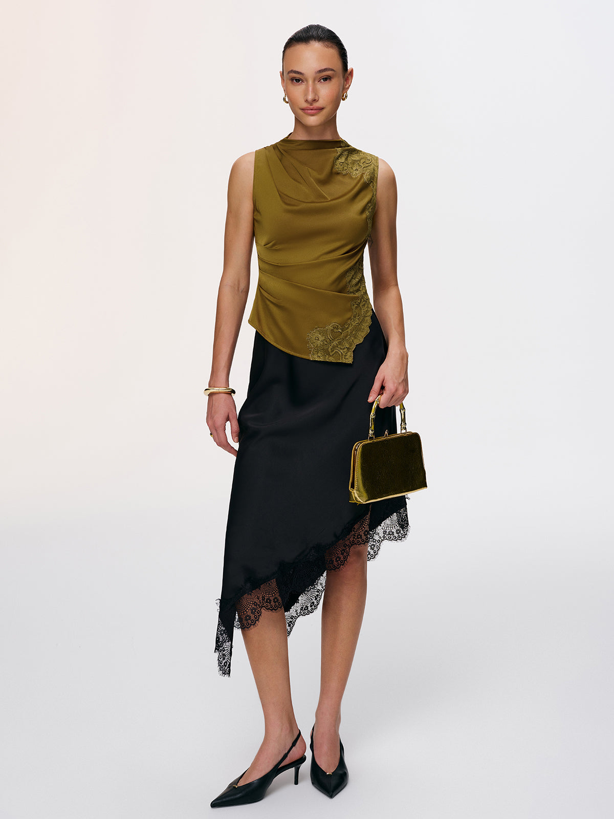 Lace Panel Ruched Side-Slit Satin Blouse-Chicvia