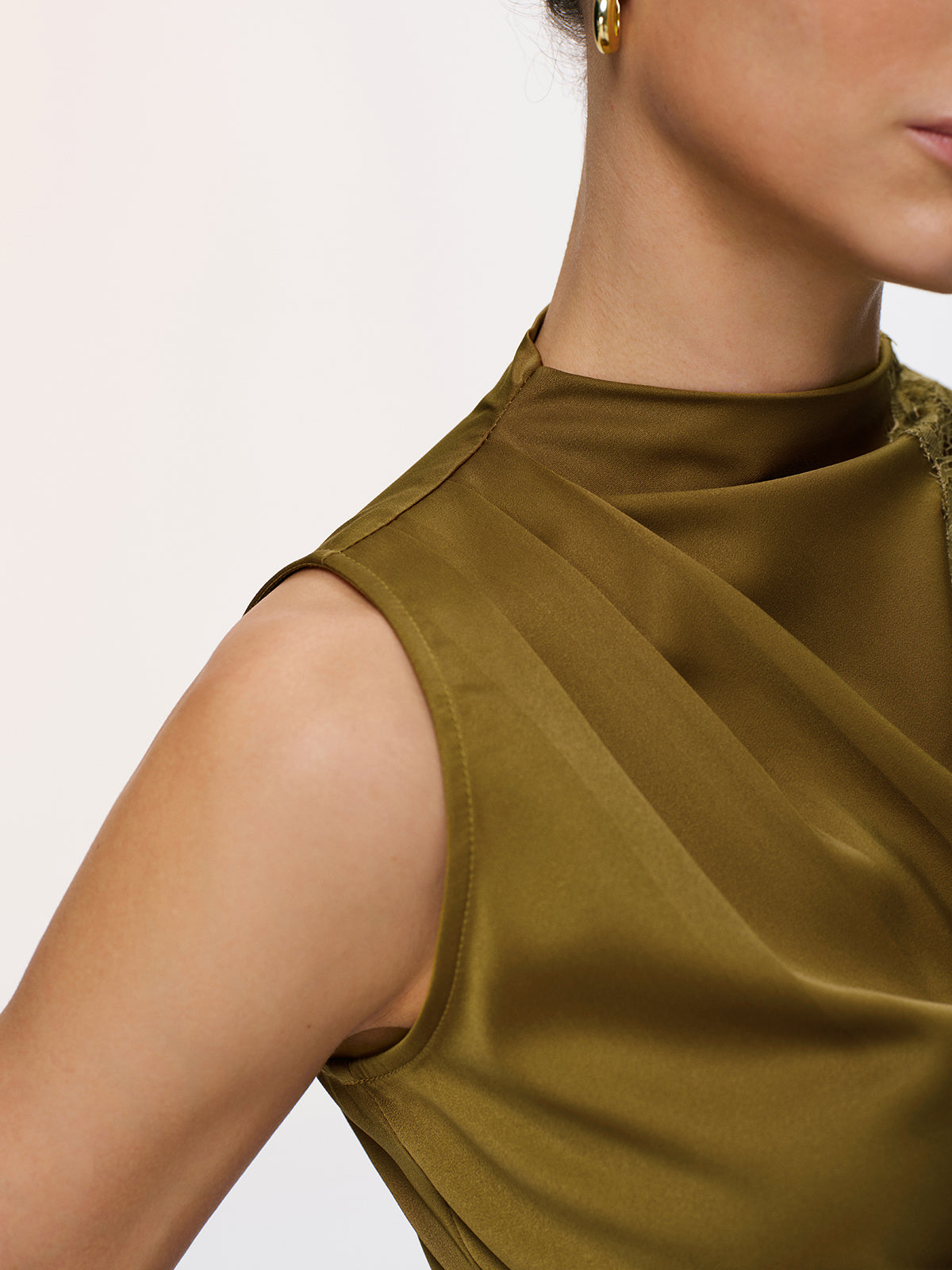 Lace Panel Ruched Side-Slit Satin Blouse-Chicvia