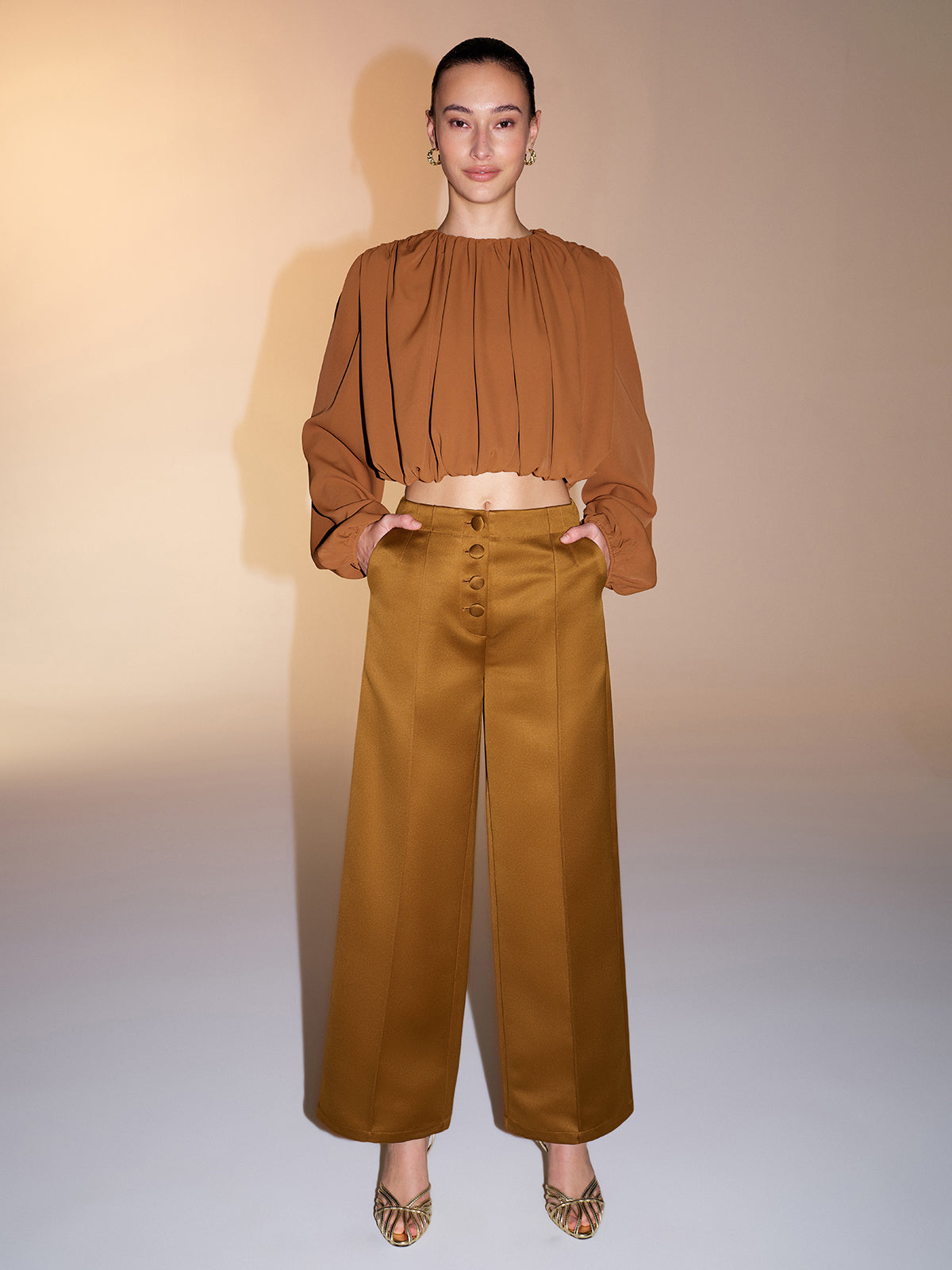 Button Detail Satin Wide-Leg Pants-Chicvia