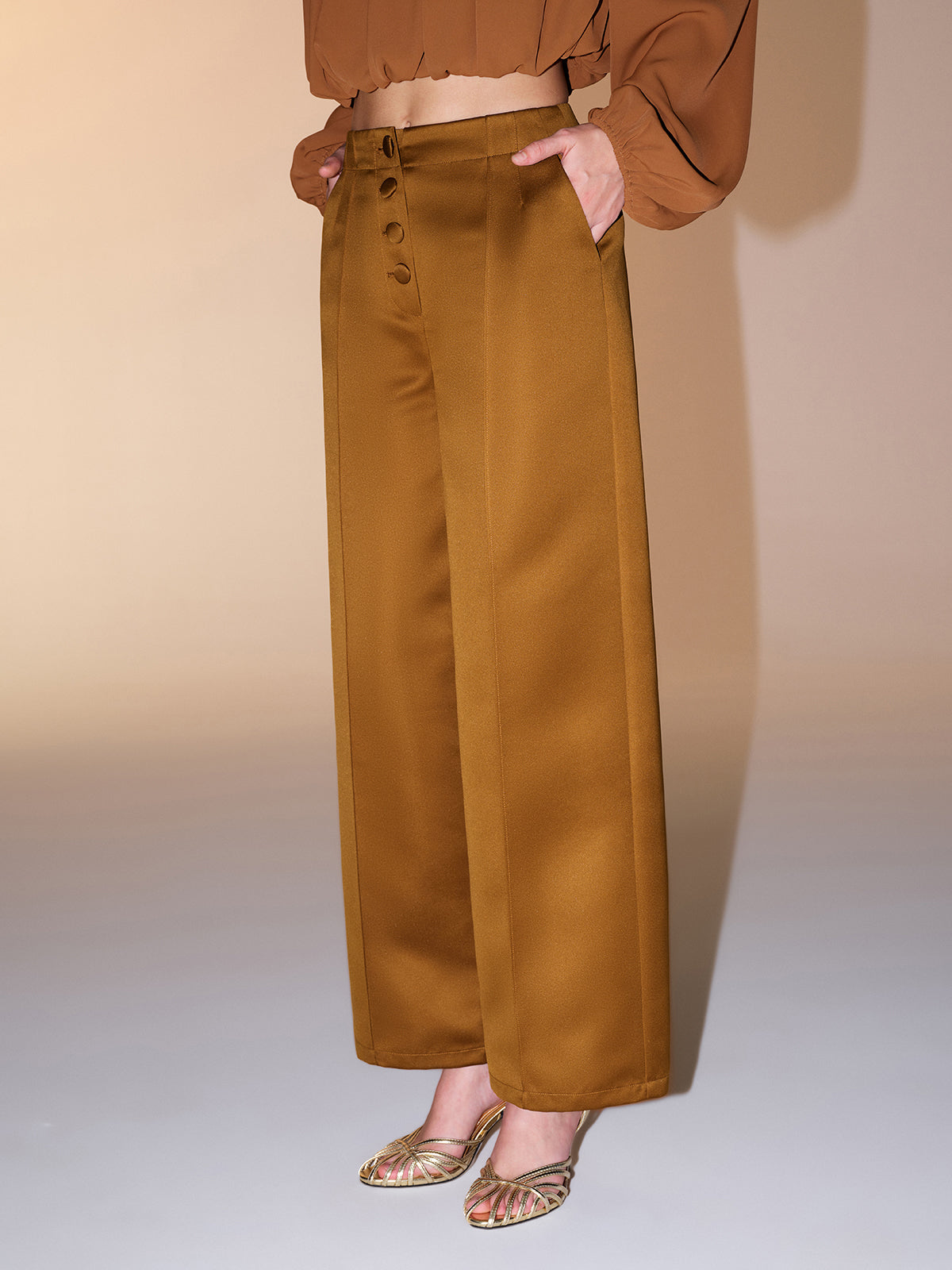 Button Detail Satin Wide-Leg Pants-Chicvia
