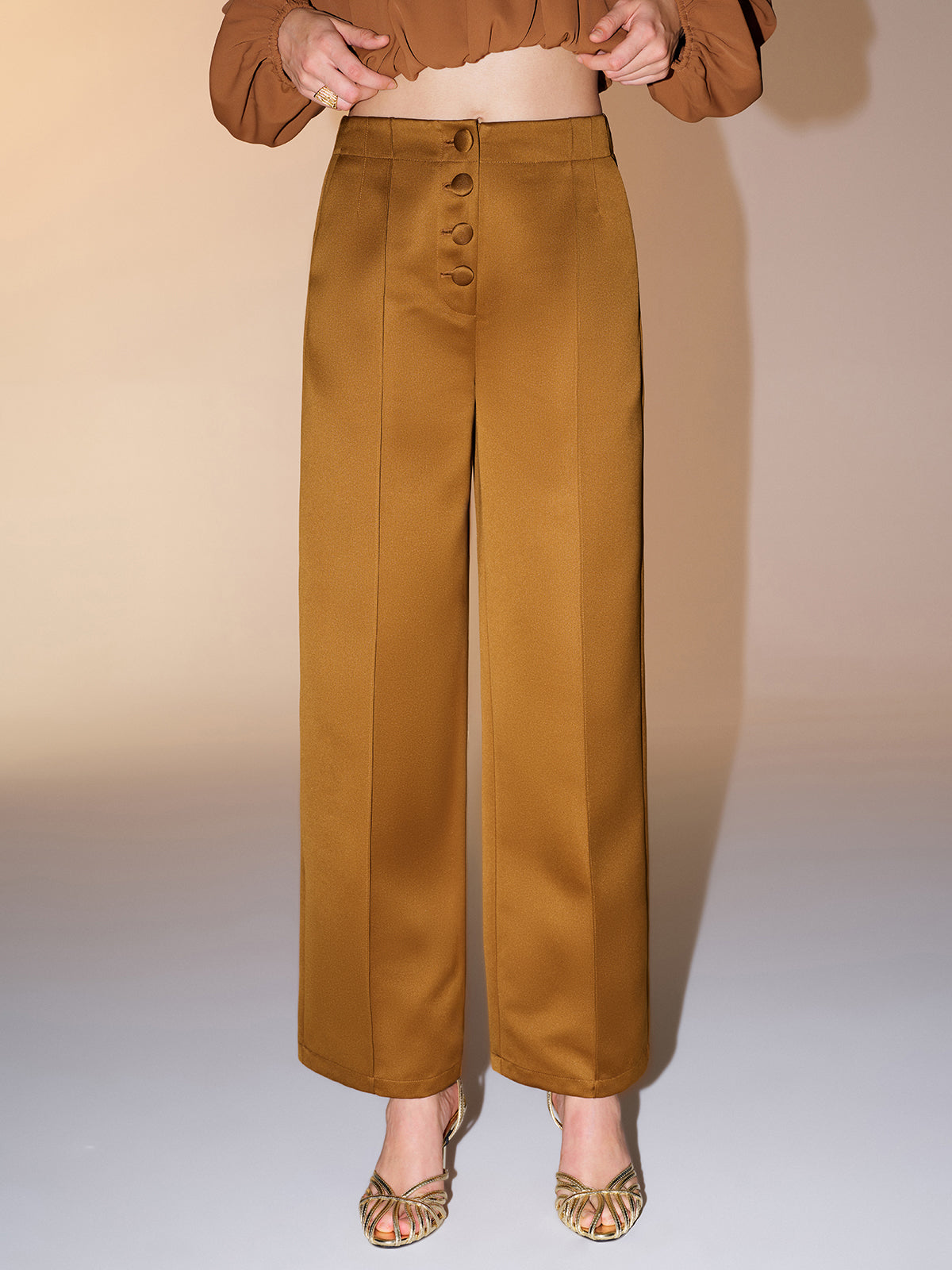 Button Detail Satin Wide-Leg Pants-Chicvia