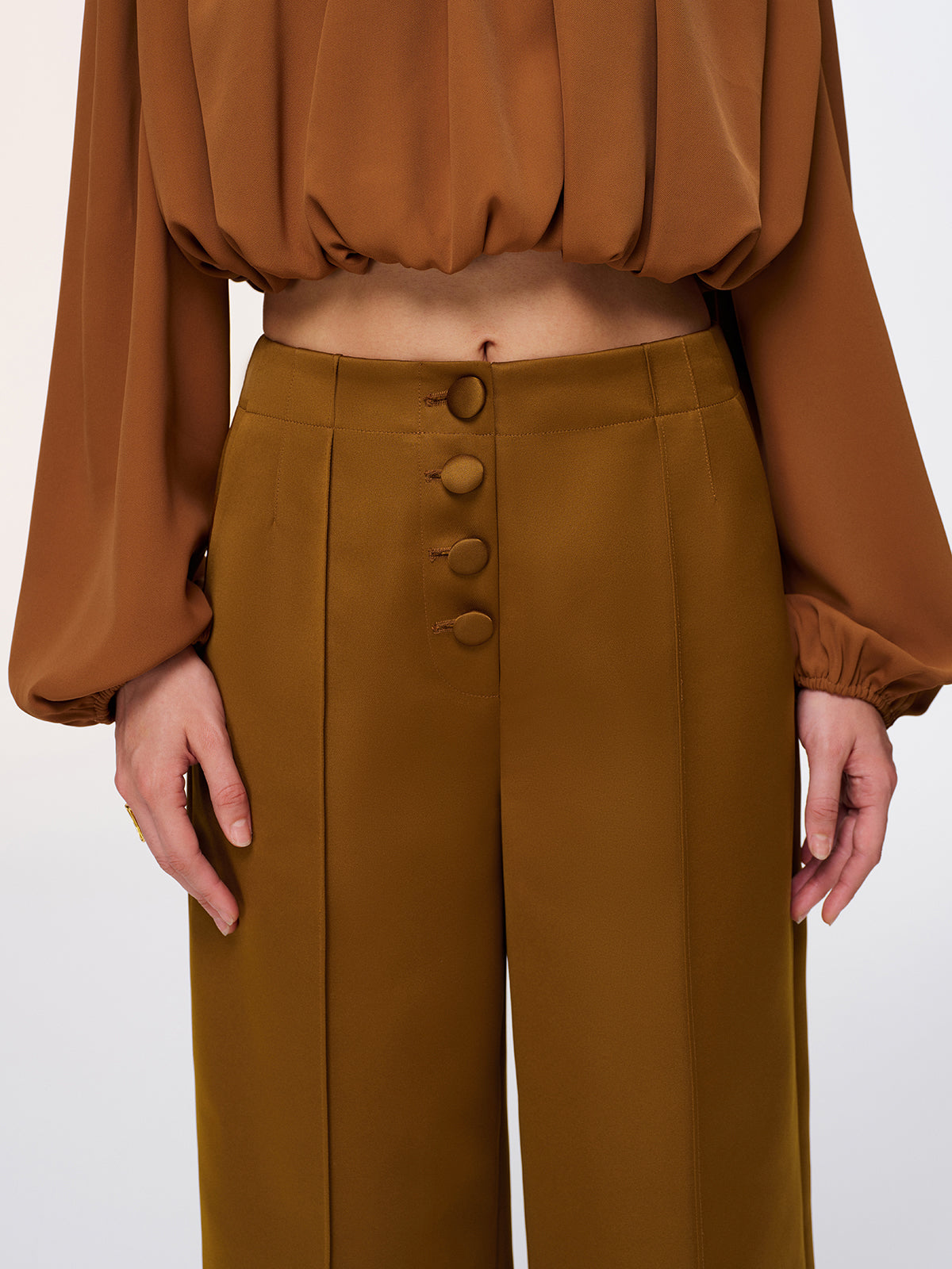 Button Detail Satin Wide-Leg Pants-Chicvia