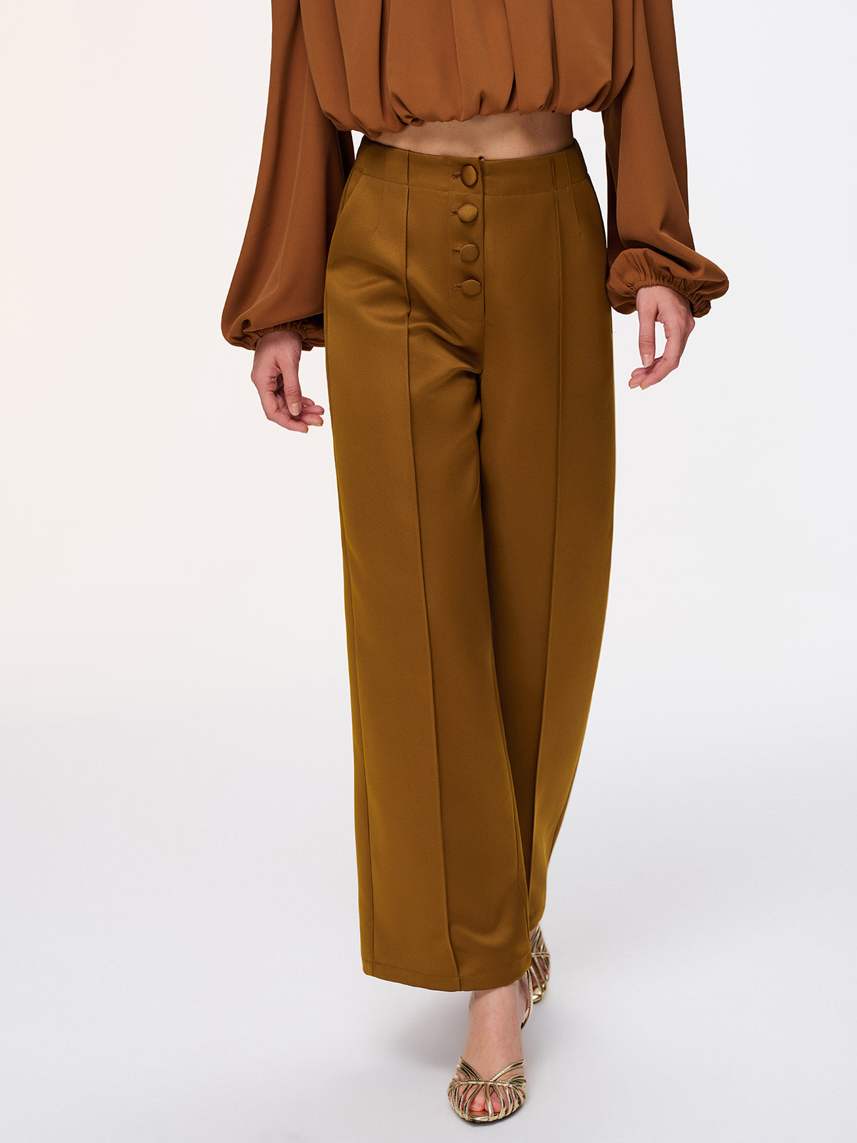 Button Detail Satin Wide-Leg Pants-Chicvia