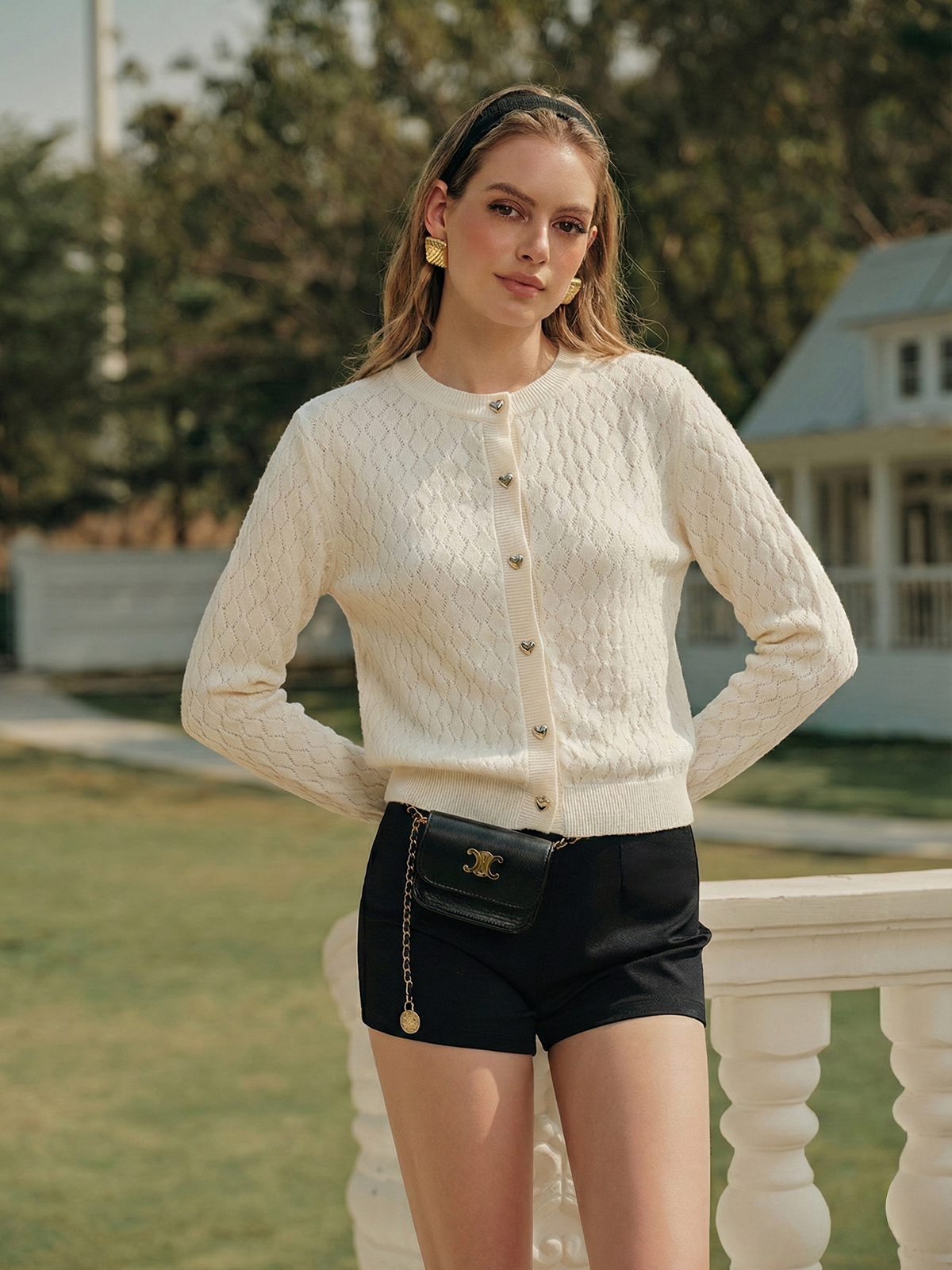 Heart Button Crochet Openwork Knit Cardigan-Chicvia