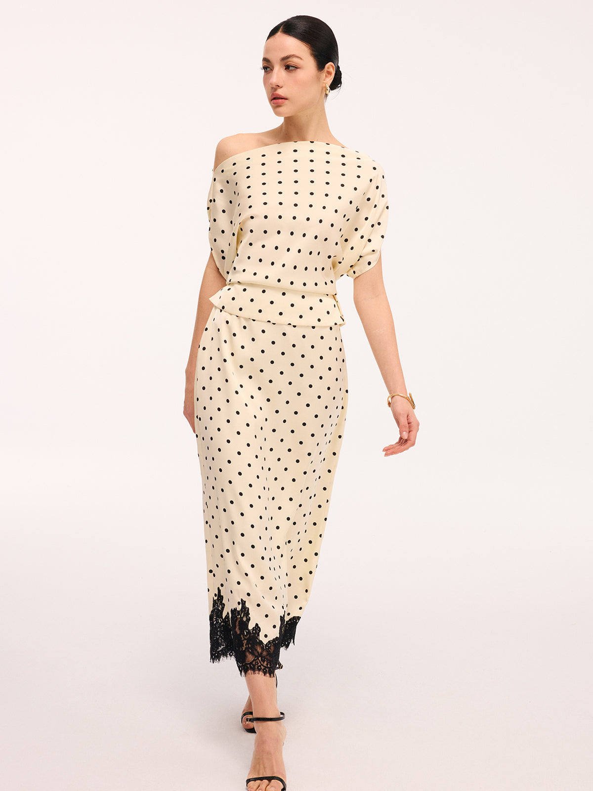 Polka Dot Top & Lace Trim Midi Skirt Set-Chicvia