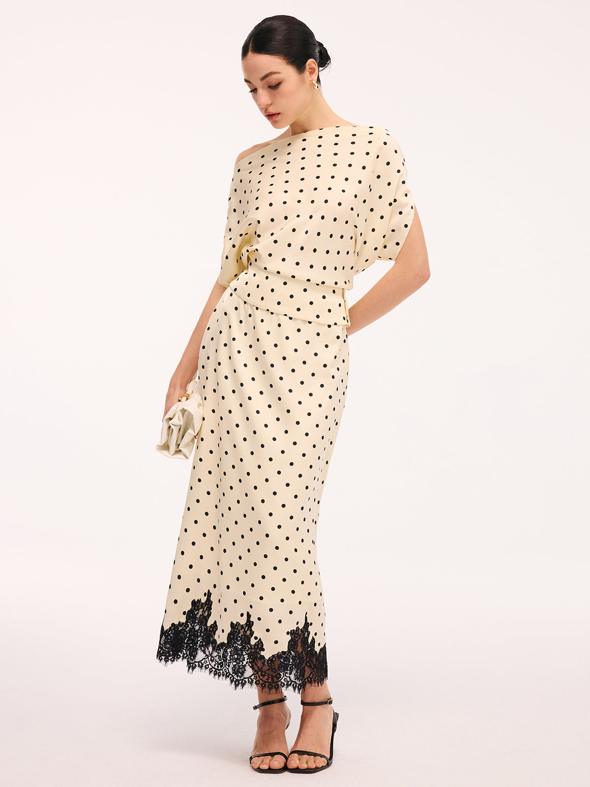 Polka Dot Top & Lace Trim Midi Skirt Set-Chicvia