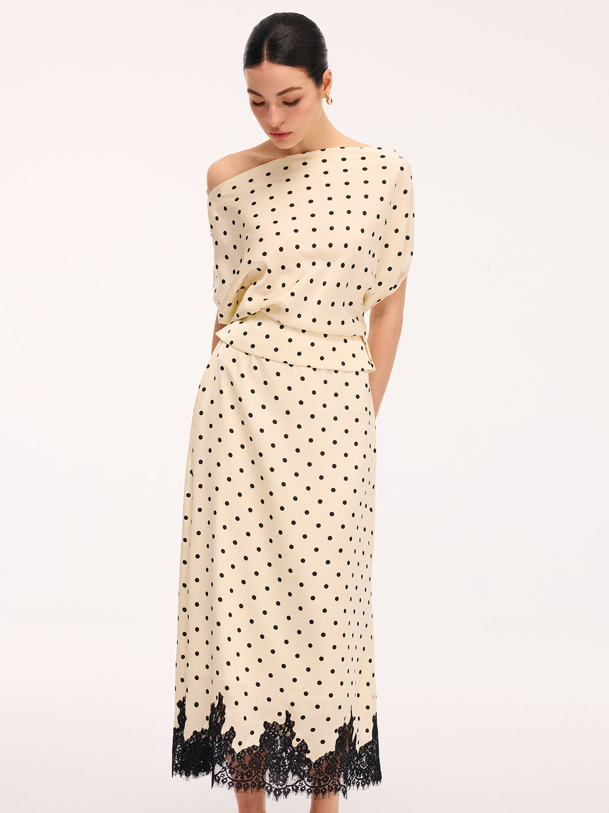 Polka Dot Top & Lace Trim Midi Skirt Set-Chicvia