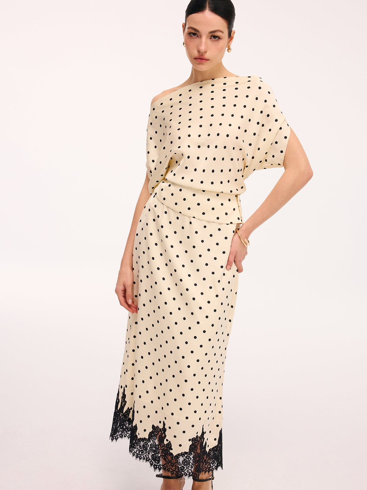 Polka Dot Top & Lace Trim Midi Skirt Set-Chicvia