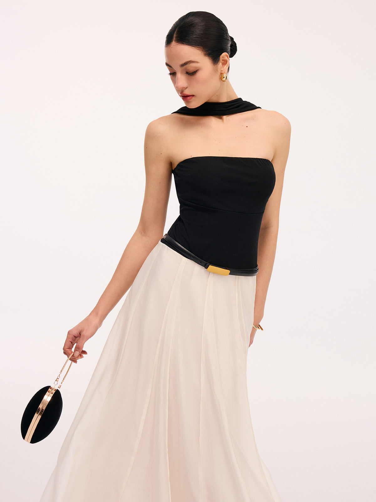 Paneled Design Color-Block Halter Backless Maxi Dress-Chicvia