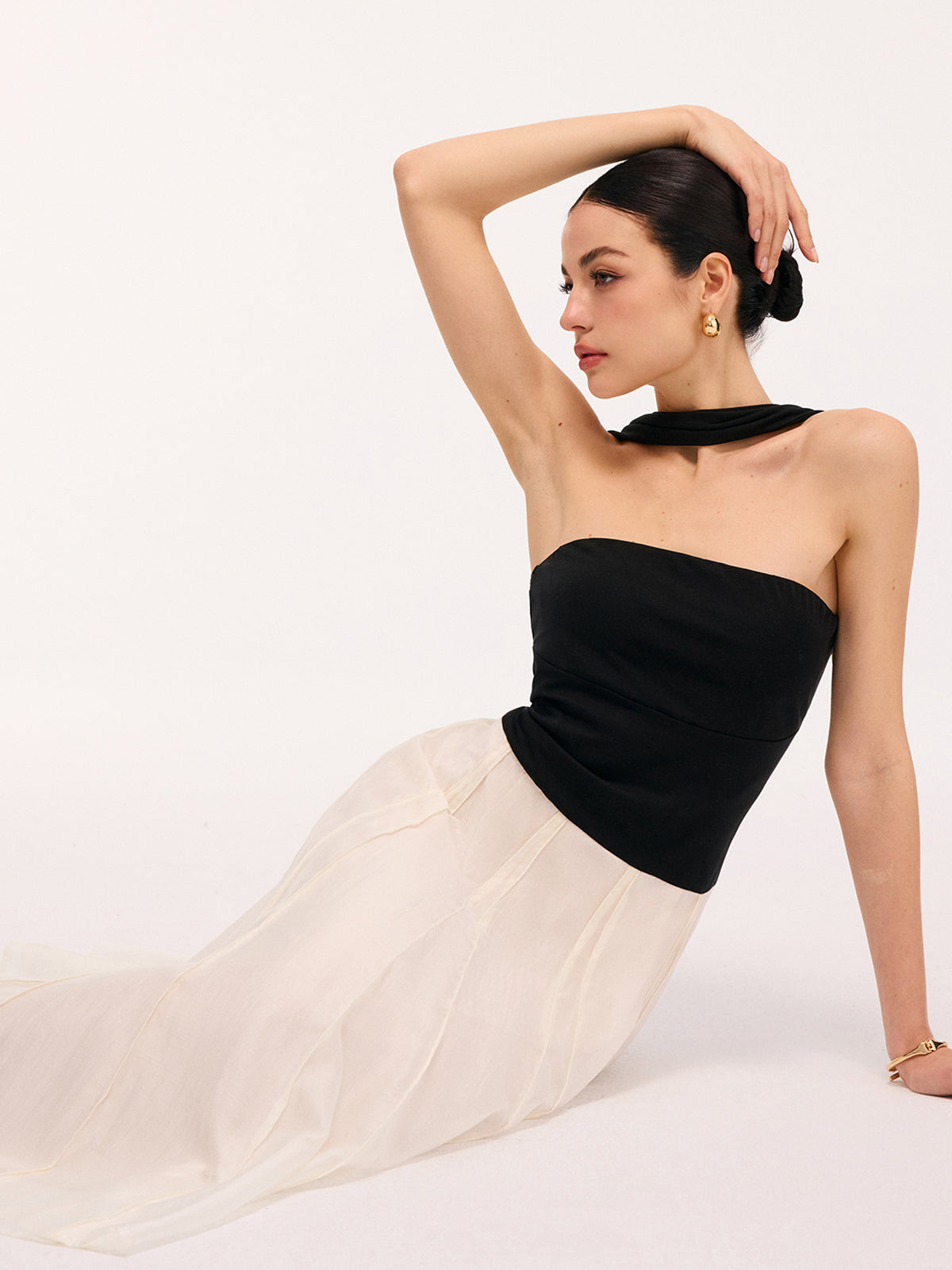 Paneled Design Color-Block Halter Backless Maxi Dress-Chicvia