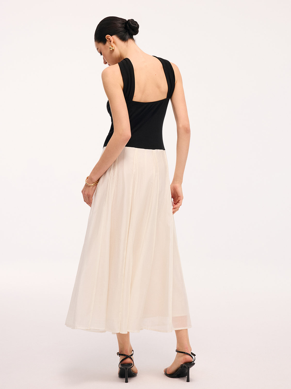 Paneled Design Color-Block Halter Backless Maxi Dress-Chicvia