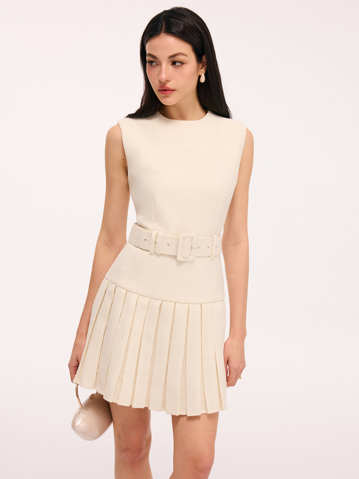 Belted Tweed Sleeveless Pleated Mini Dress-Chicvia