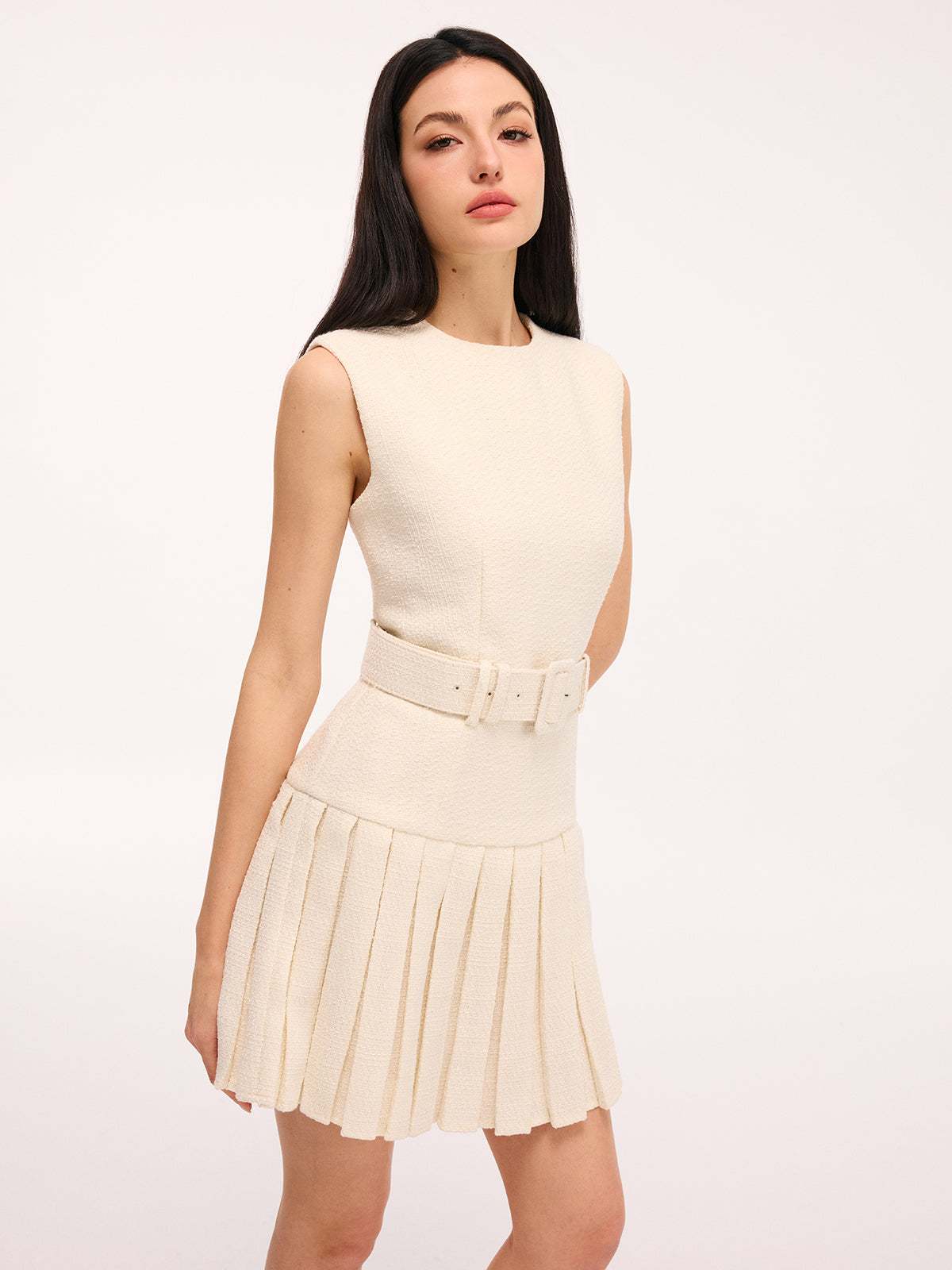 Belted Tweed Sleeveless Pleated Mini Dress-Chicvia