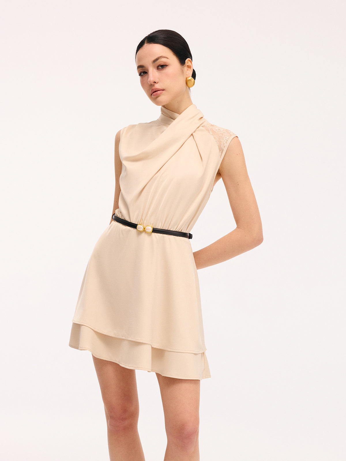 Layered Hem Lace Panel Satin Dress without Belt-Chicvia