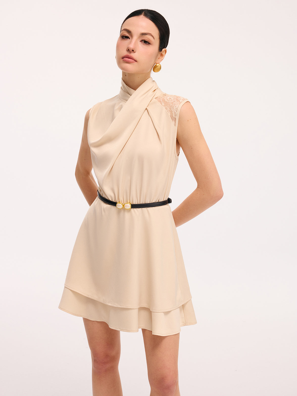 Layered Hem Lace Panel Satin Dress without Belt-Chicvia