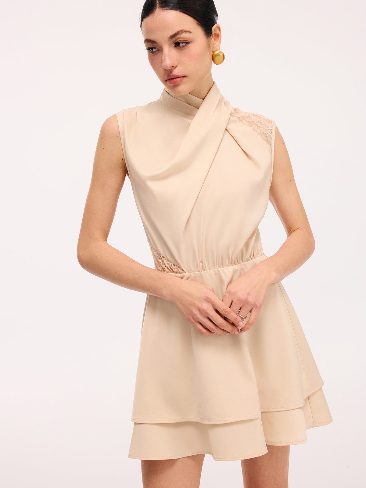 Layered Hem Lace Panel Satin Dress without Belt-Chicvia