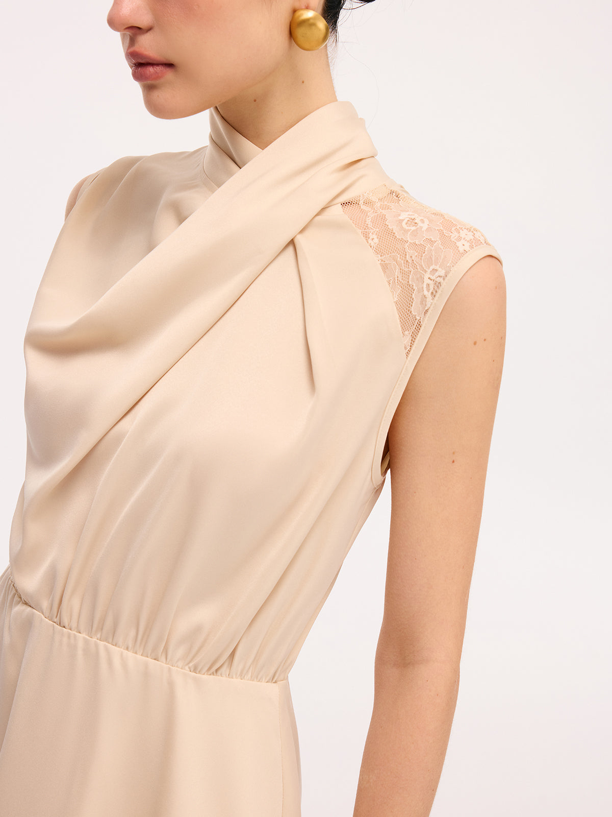 Layered Hem Lace Panel Satin Dress without Belt-Chicvia