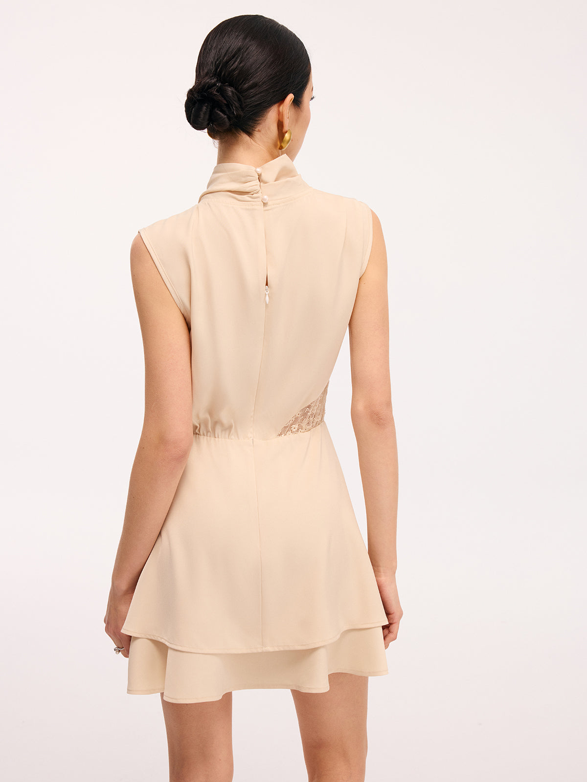 Layered Hem Lace Panel Satin Dress without Belt-Chicvia