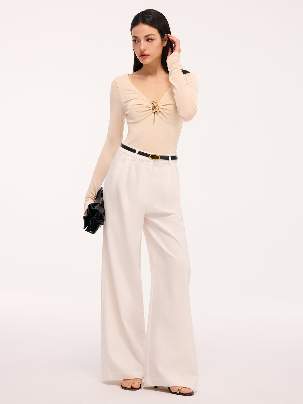 Metal Detail Cut-Out Long-Sleeve Bodysuit-Chicvia