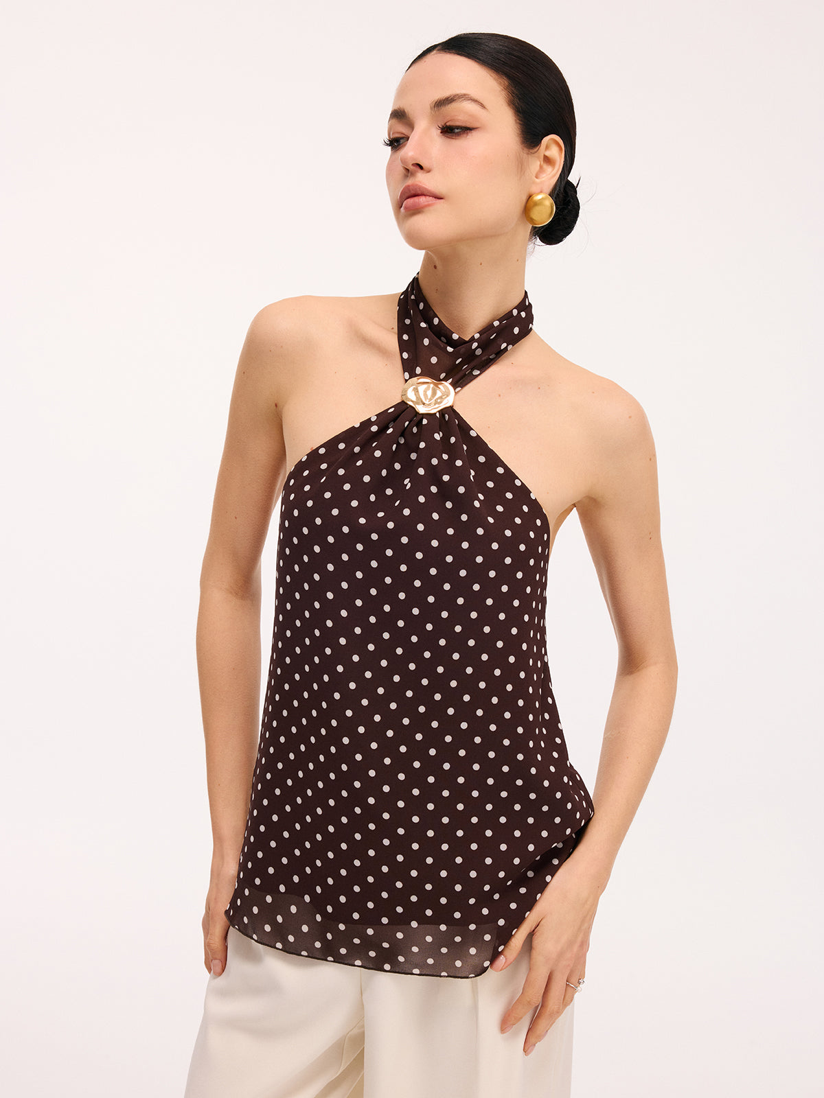 Metal Detail Backless Polka Dot Halter Top-Chicvia