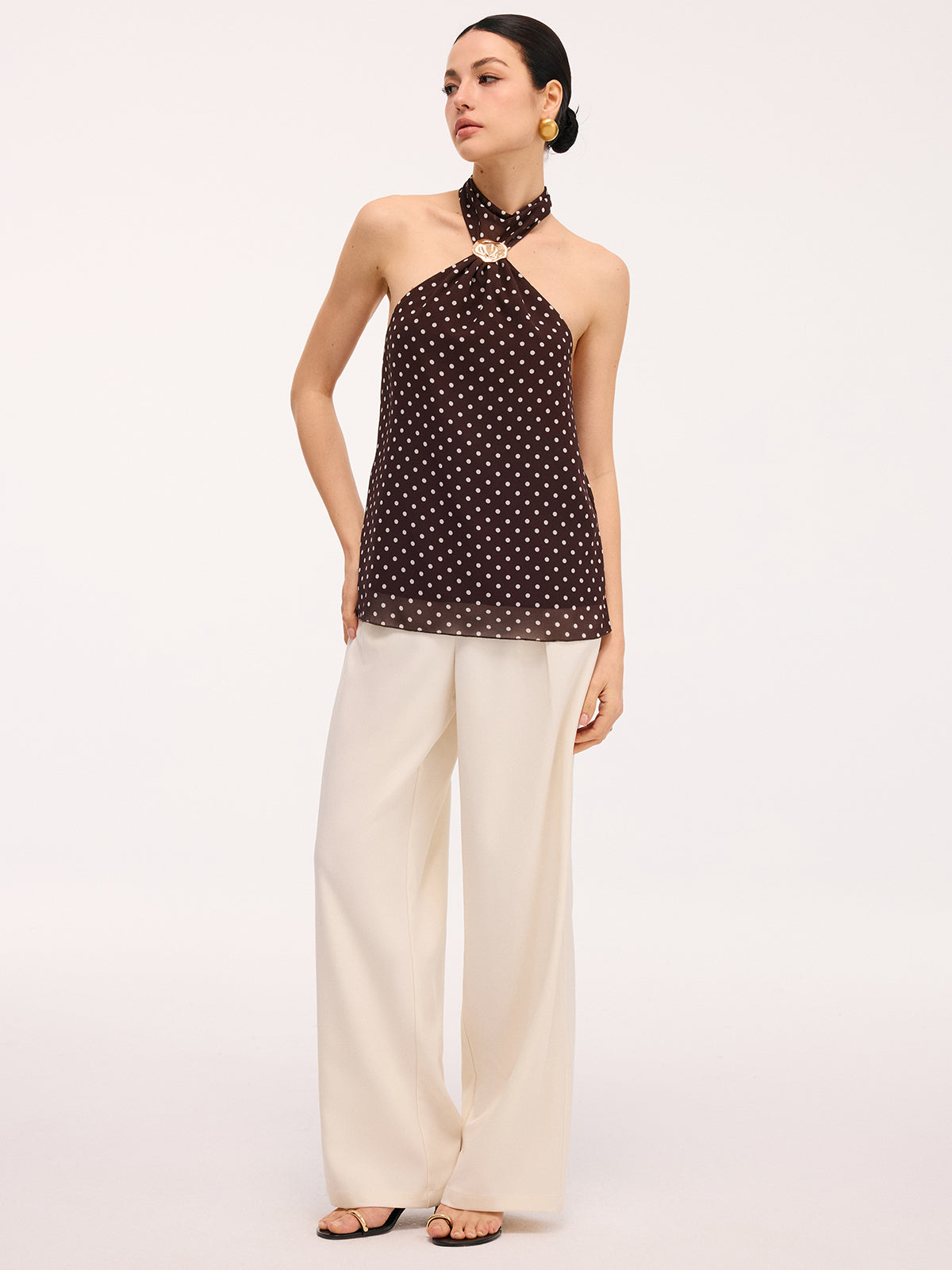 Metal Detail Backless Polka Dot Halter Top-Chicvia