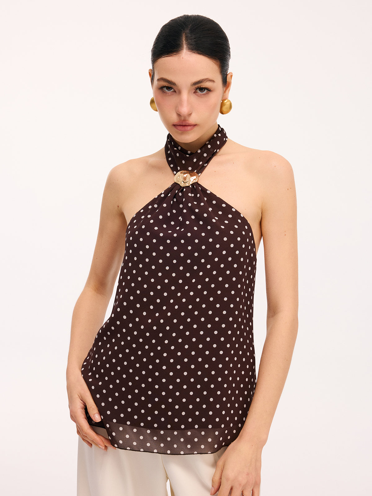 Metal Detail Backless Polka Dot Halter Top-Chicvia