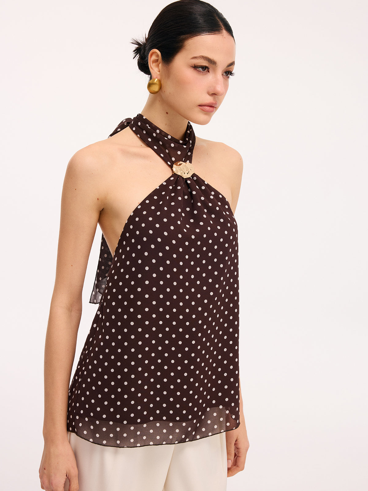 Metal Detail Backless Polka Dot Halter Top-Chicvia