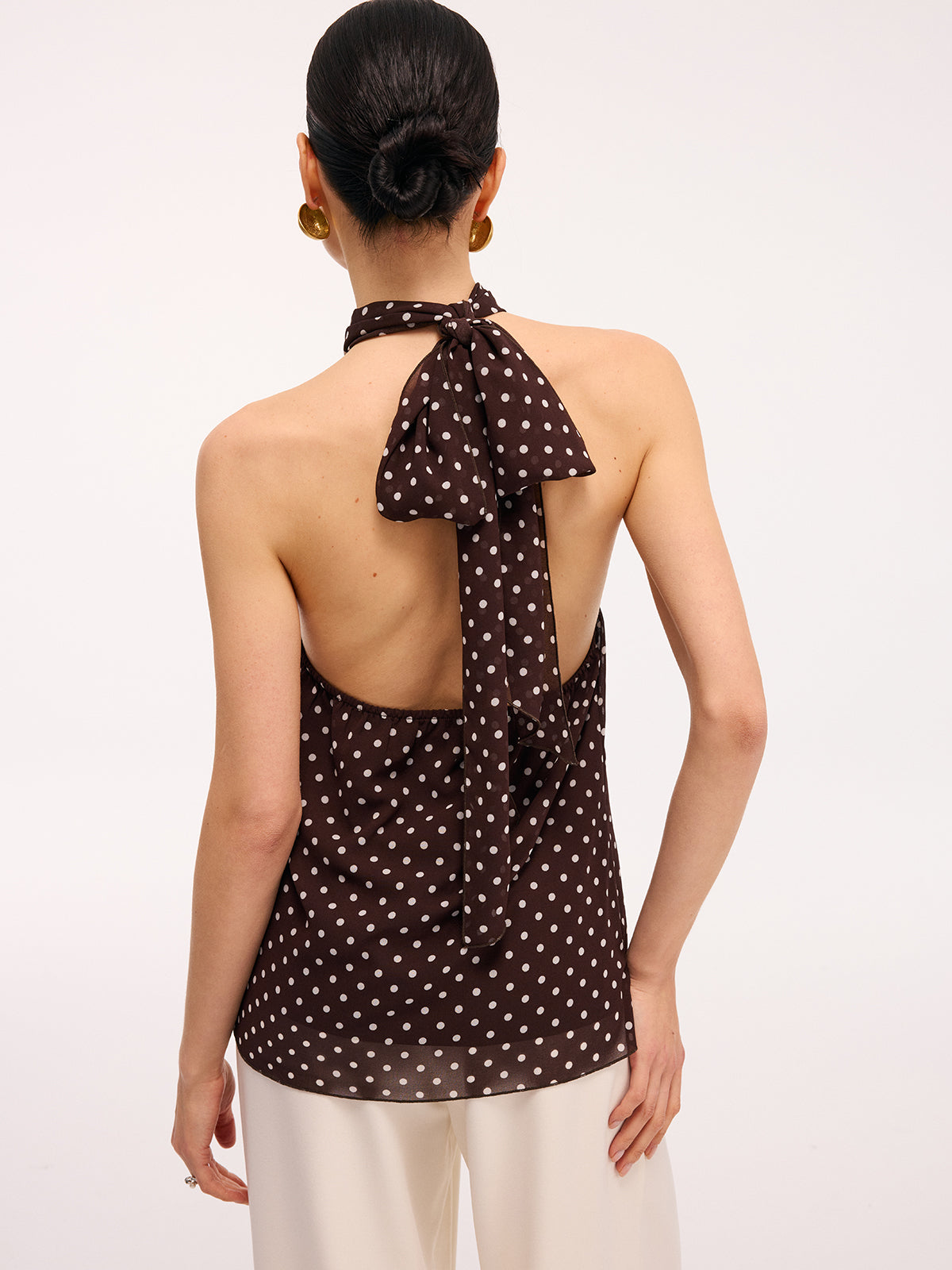 Metal Detail Backless Polka Dot Halter Top-Chicvia