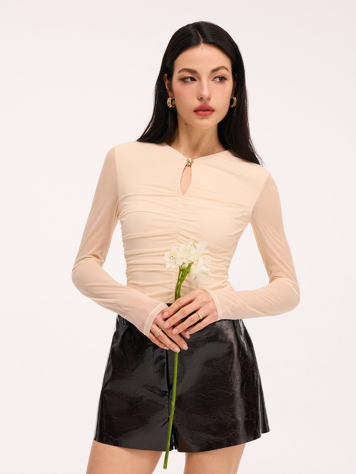 Keyhole Sheer Long-Sleeve Ruched Top-Chicvia
