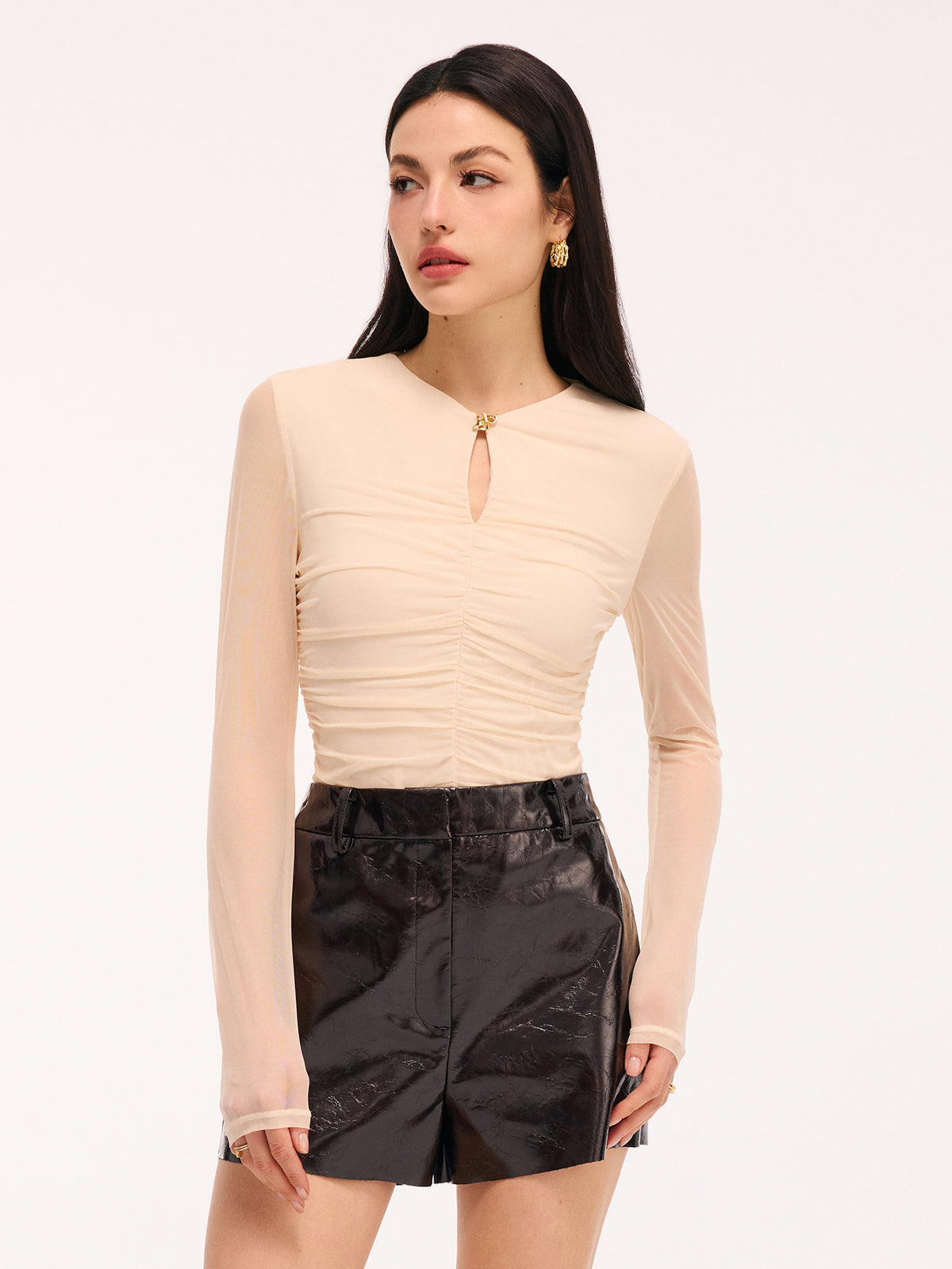 Keyhole Sheer Long-Sleeve Ruched Top-Chicvia