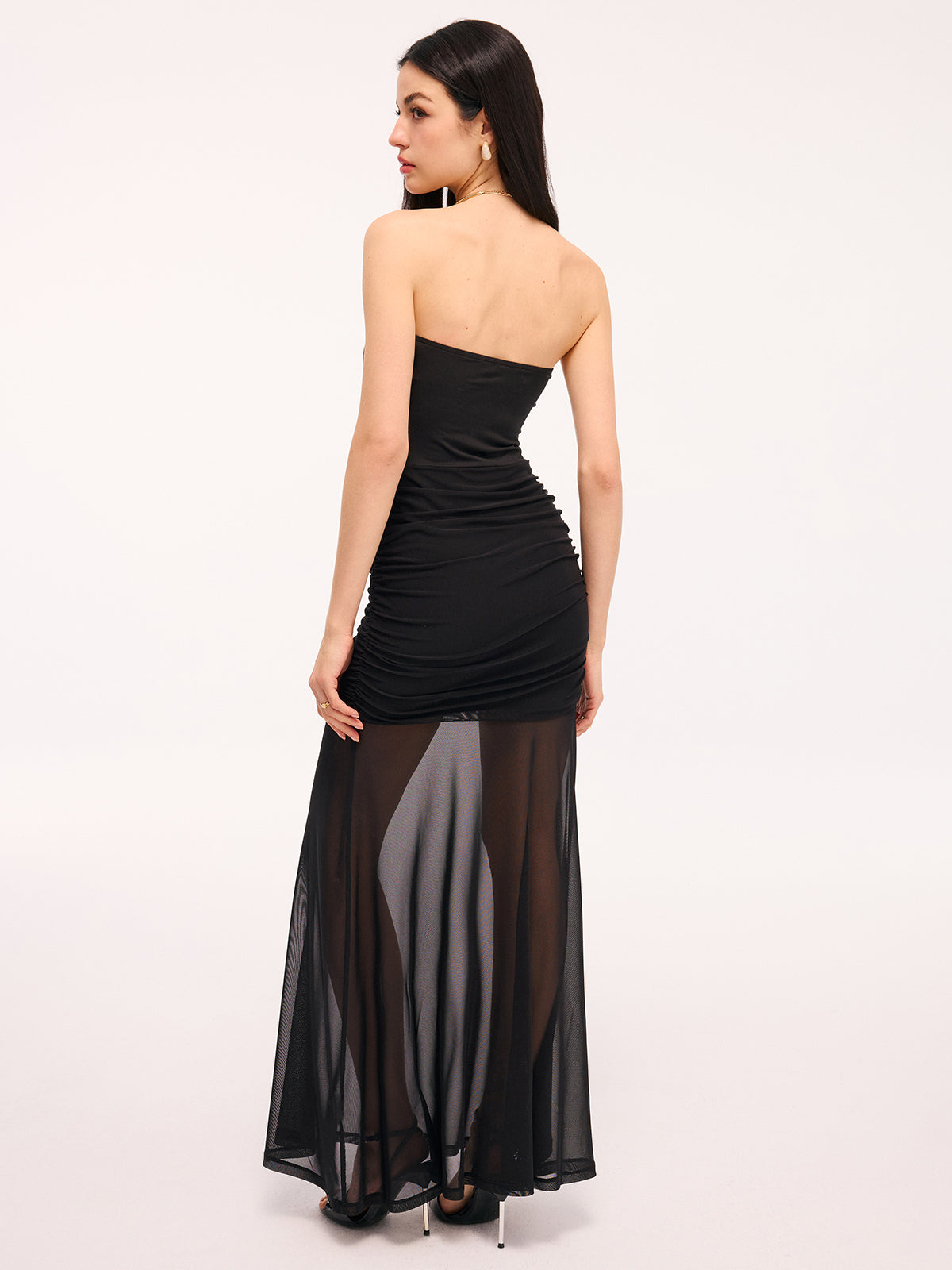 Mesh Panel Strapless Ruched Maxi Dress-Chicvia