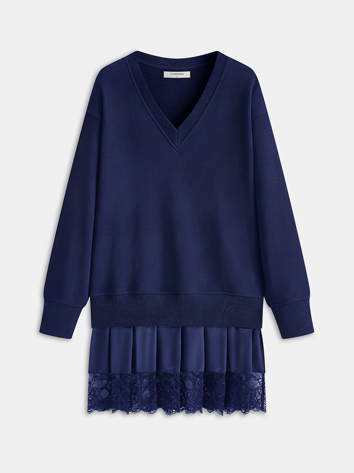 Pleated Hem Lace-Trimmed Sweatshirt Dress-Chicvia
