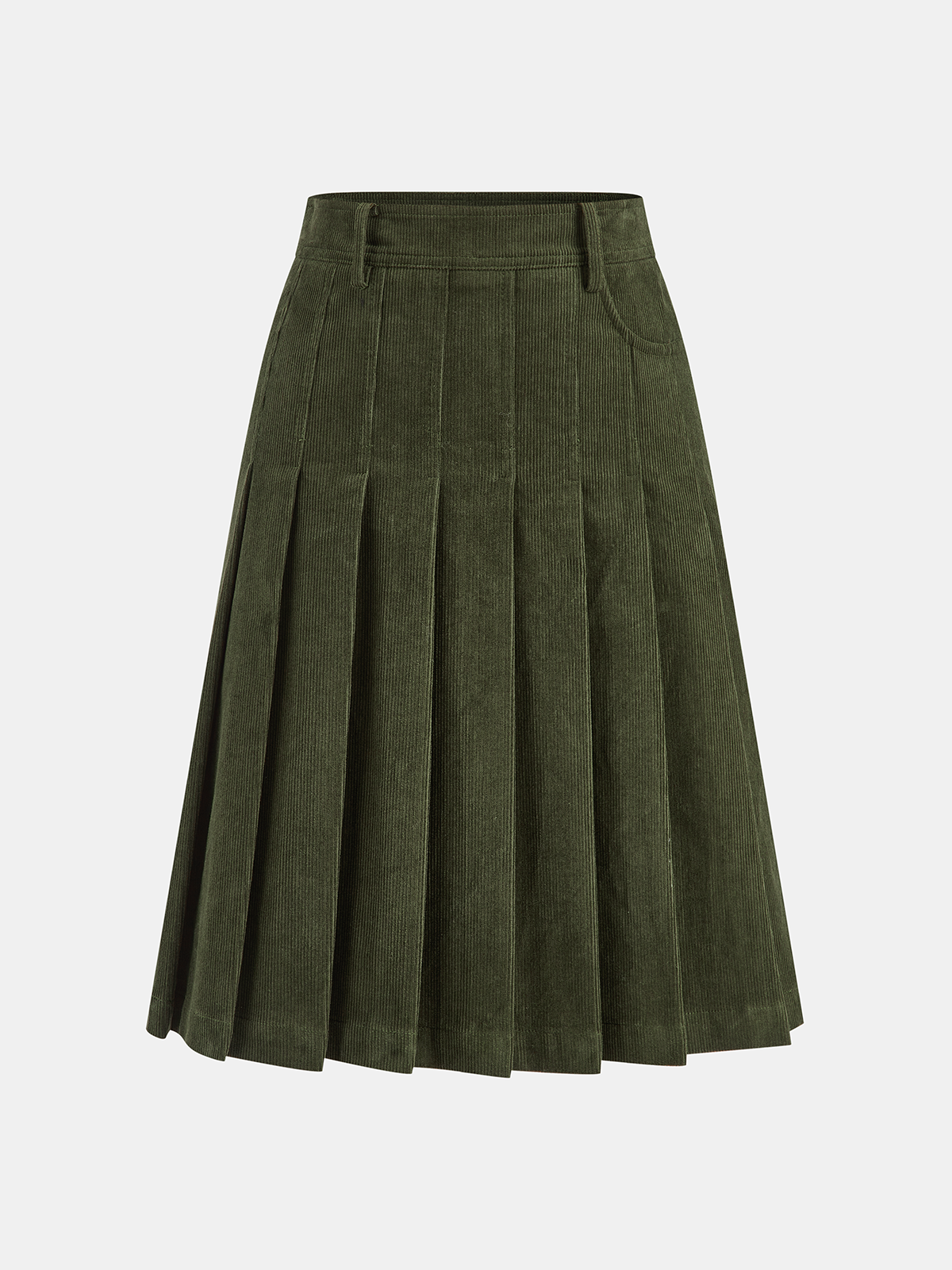 Pleated Corduroy Midi Skirt-Chicvia