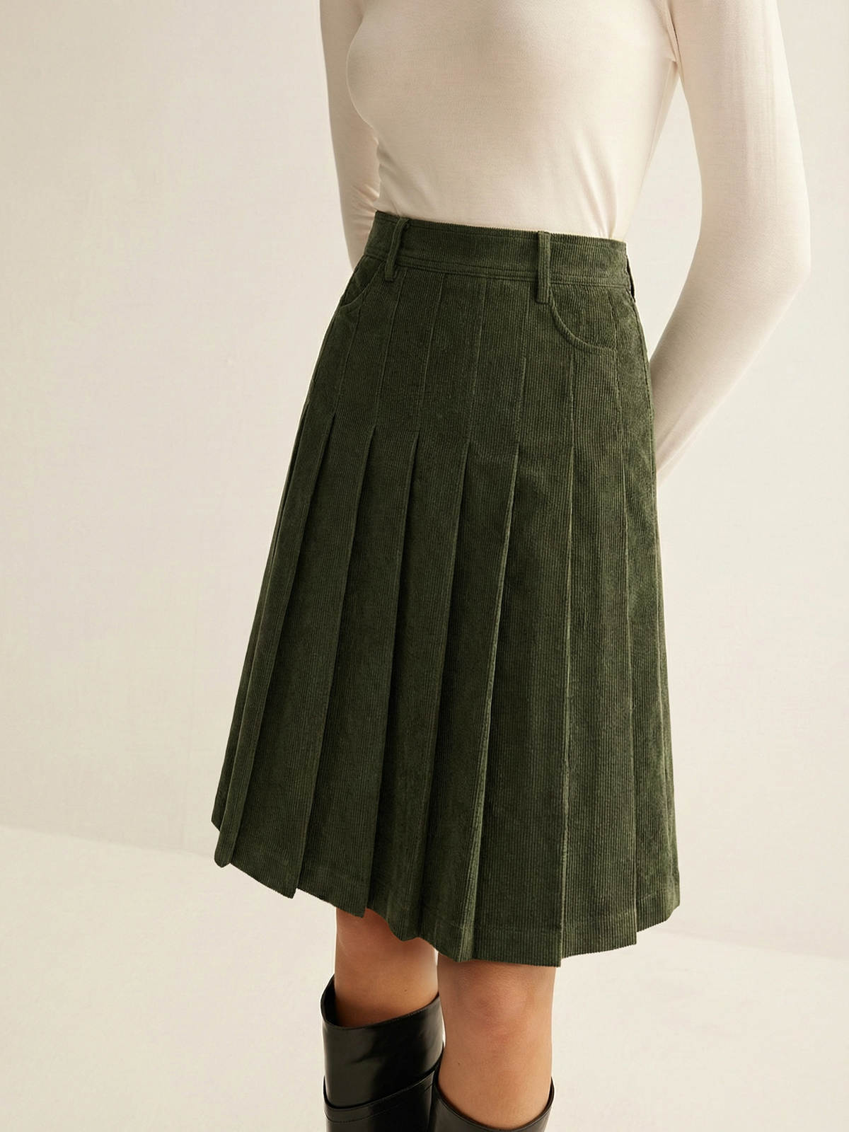 Pleated Corduroy Midi Skirt-Chicvia