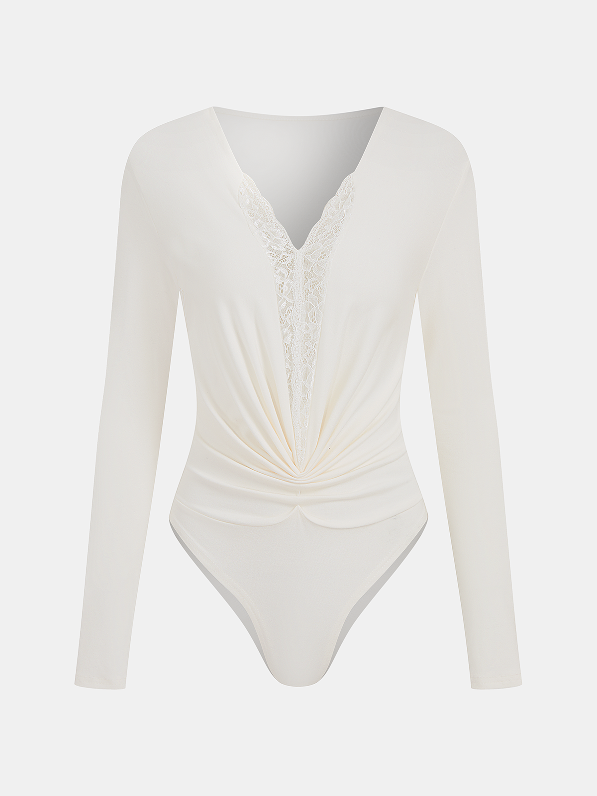 Long-Sleeve Lace Panel Ruched Bodysuit-Chicvia