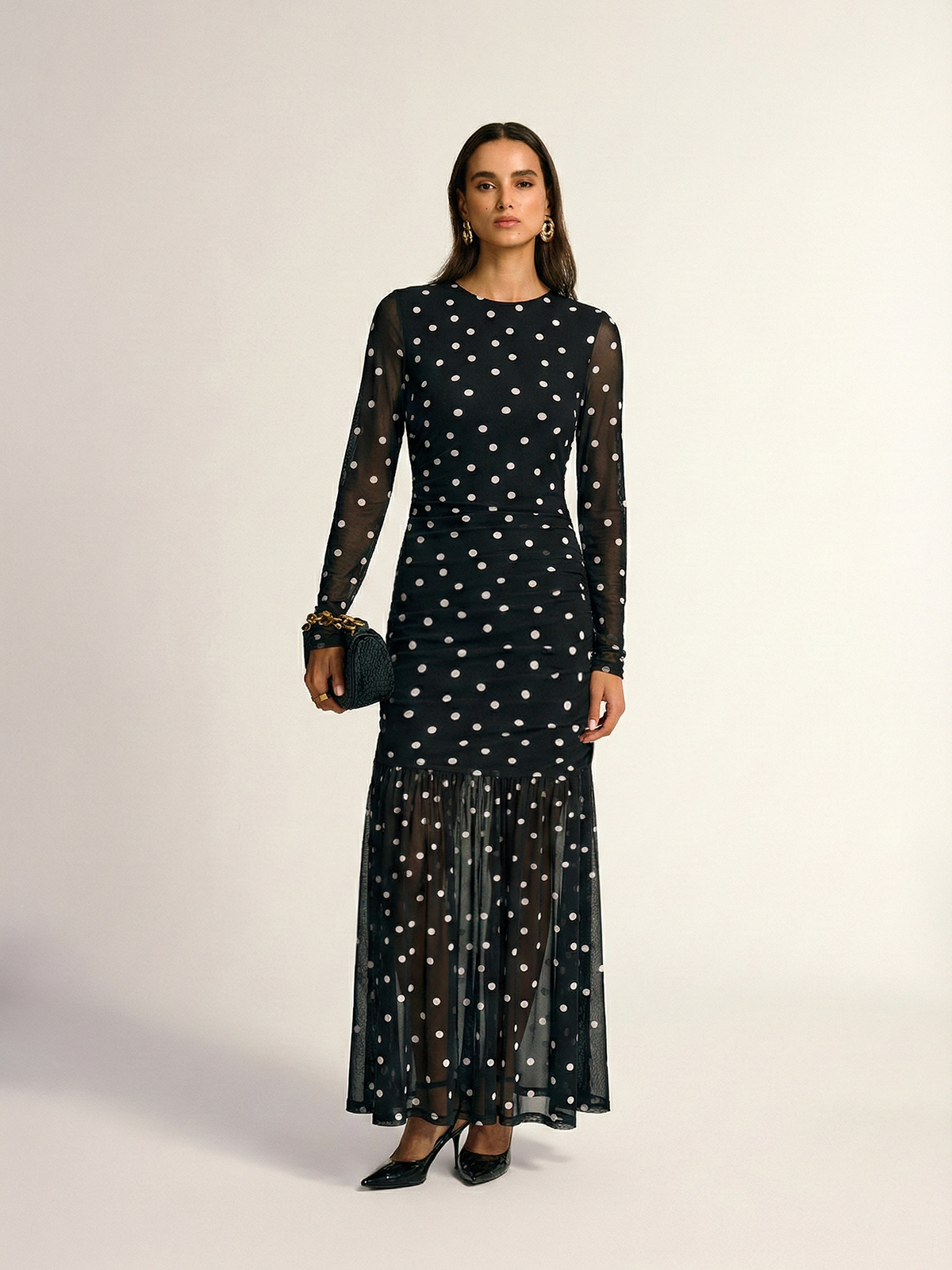 Polka Dot Sheer-Mesh Ruched Maxi Dress-Chicvia