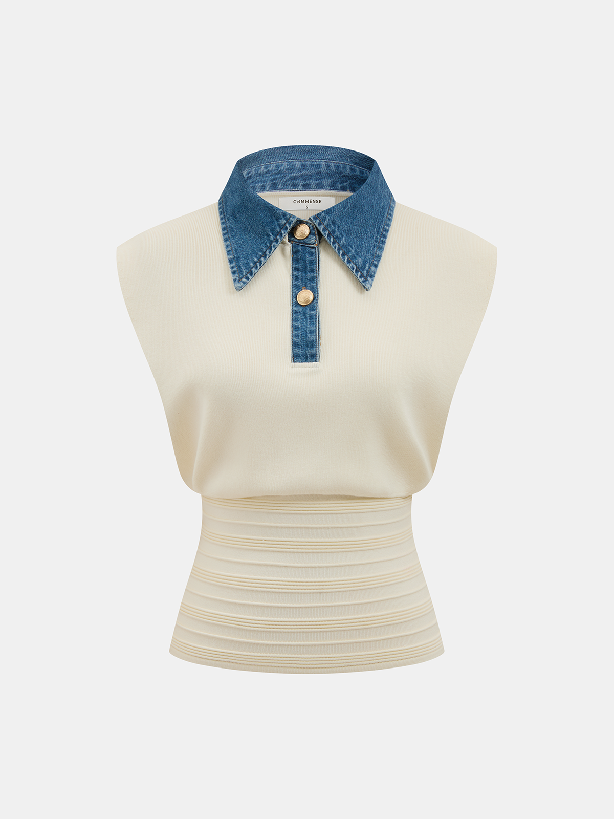 Denim Collar Sleeveless Cinched Waist Knit Top-Chicvia