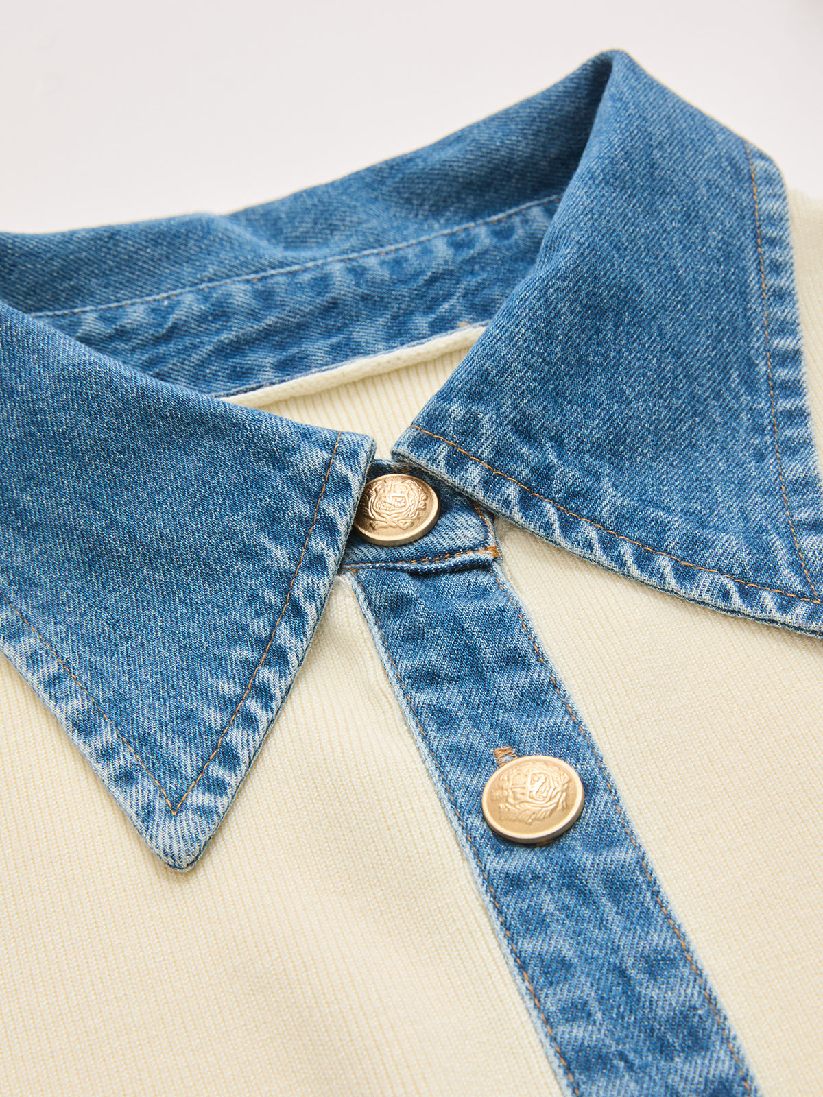 Denim Collar Sleeveless Cinched Waist Knit Top-Chicvia