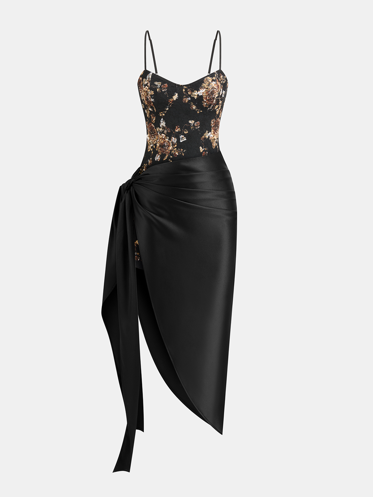 Floral Lace Cami Dress & Wrap Satin Skirt Set-Chicvia