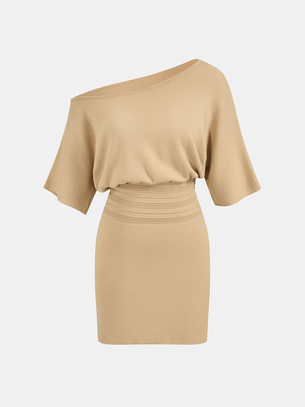 Off-Shoulder Cinched Waist Knit Dress-Chicvia