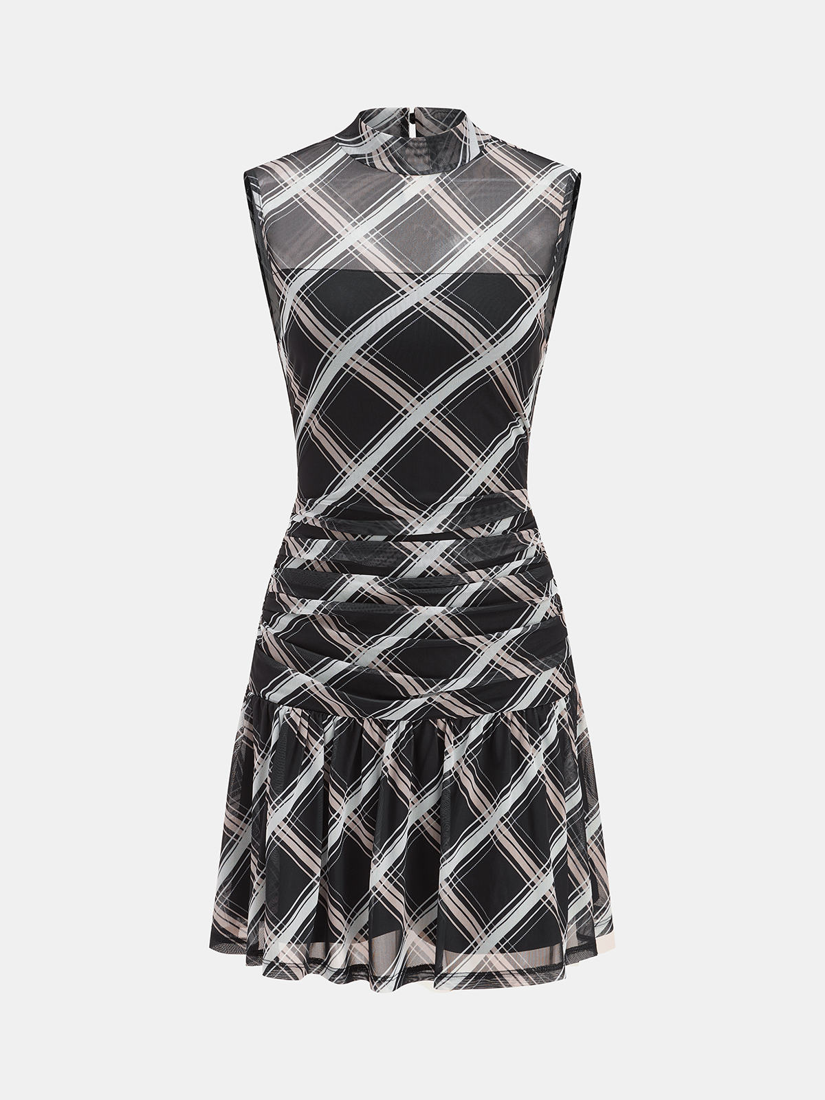 Mock Neck Ruffle Sheer Plaid Mini Dress-Chicvia