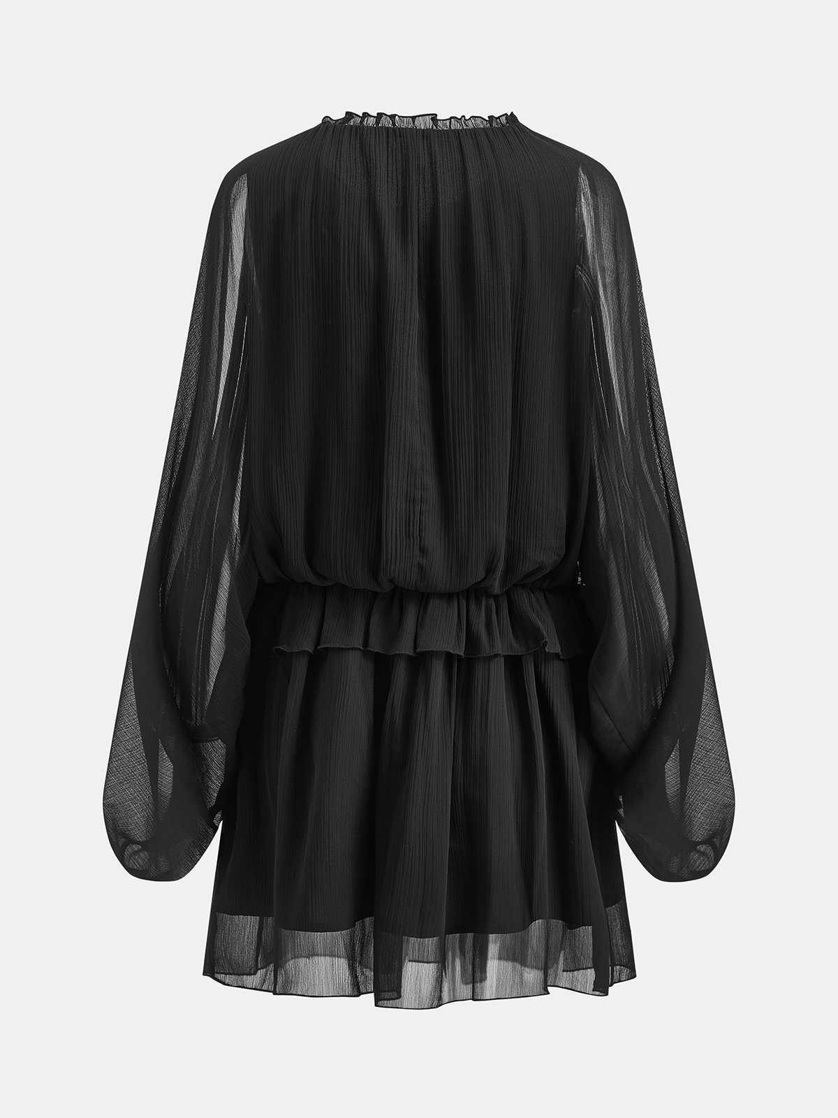 Chiffon Ruffle Tie Neck Long Sleeve Mini Dress-Chicvia