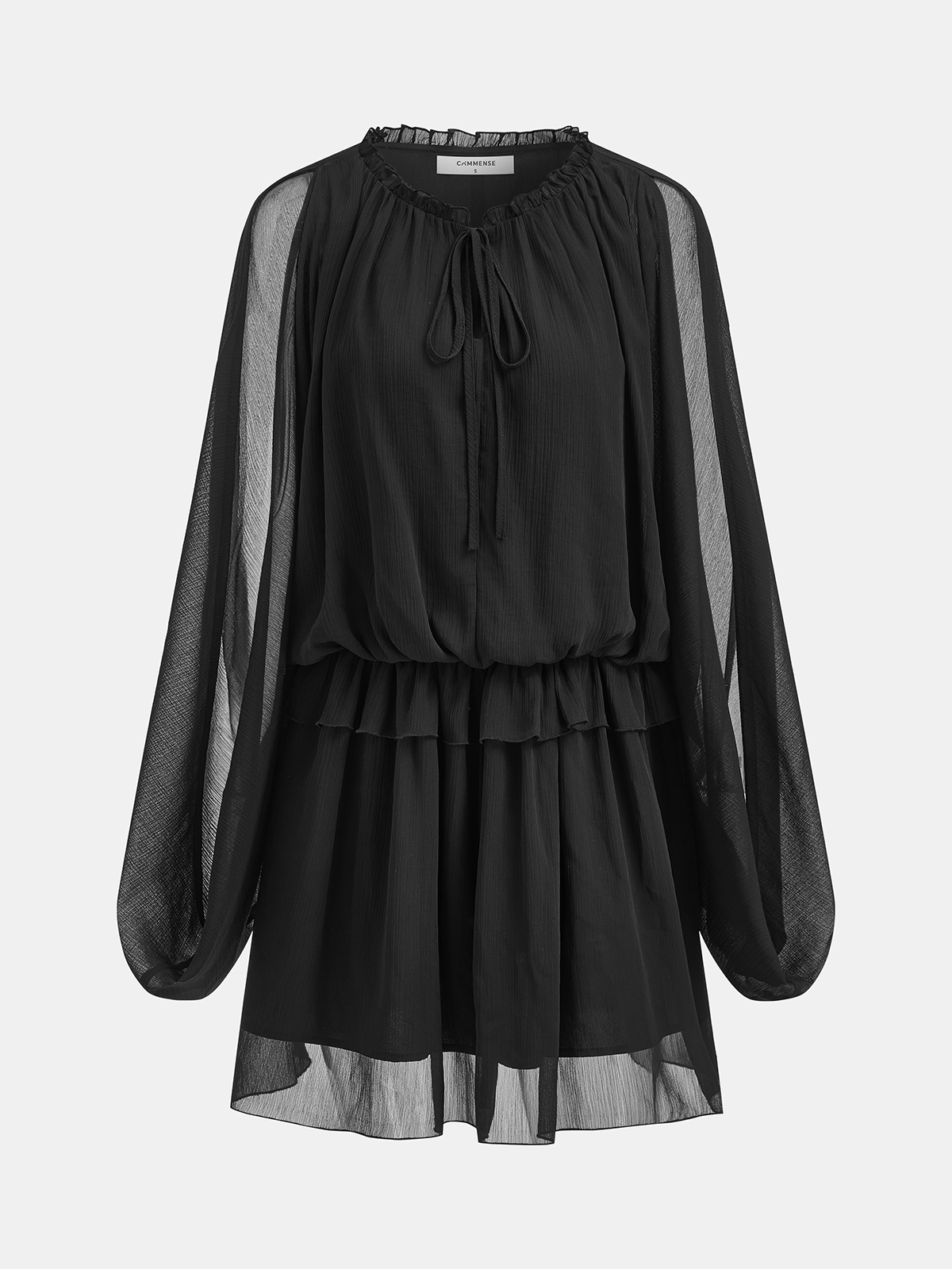 Chiffon Ruffle Tie Neck Long Sleeve Mini Dress-Chicvia
